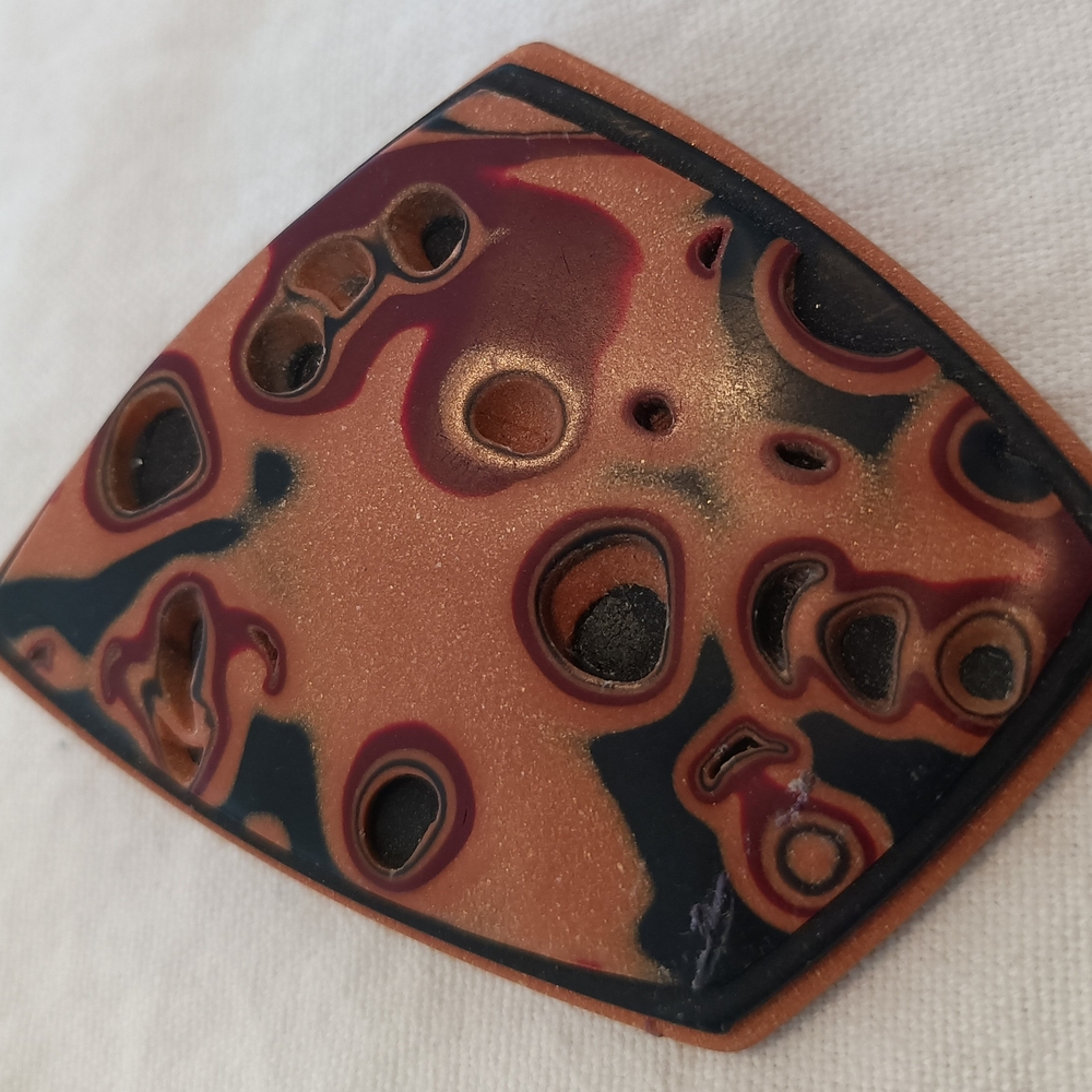 Abstract Copper-Tone Resin Brooch with Black and Burgundy Accents